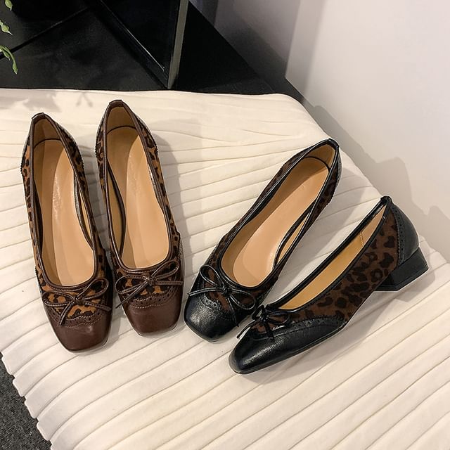 Leather Accent Faux Brogue Leopard Low Bow Panel Print Heel Pumps