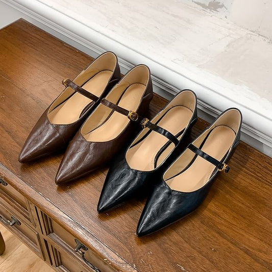 Heel Pointed Pumps Buckled Mary Faux Plain Toe Leather Jane Low