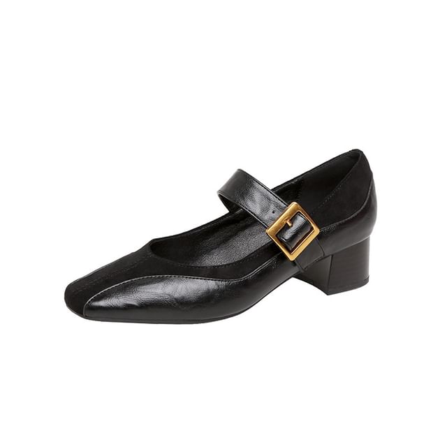 Mary Panel Heel Pumps Plain Jane Leather Chunky Buckled Faux