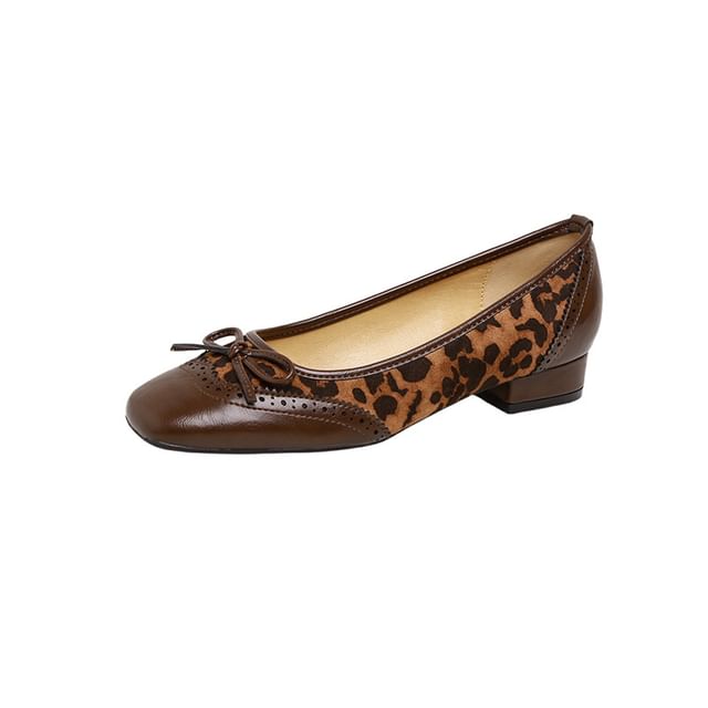 Leather Accent Faux Brogue Leopard Low Bow Panel Print Heel Pumps