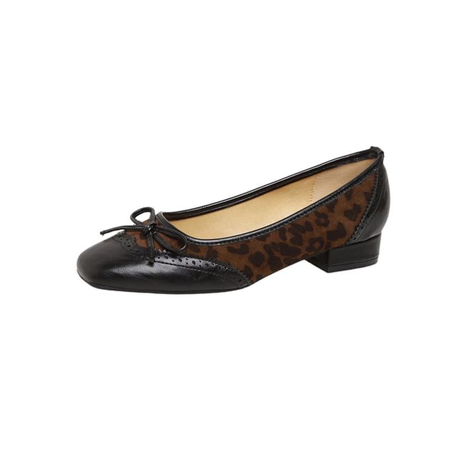Leather Accent Faux Brogue Leopard Low Bow Panel Print Heel Pumps