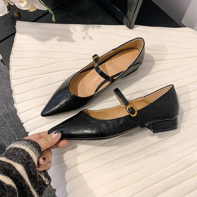 Heel Pointed Pumps Buckled Mary Faux Plain Toe Leather Jane Low