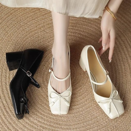 Mary Toe Bow Square Block Pumps Jane Heel