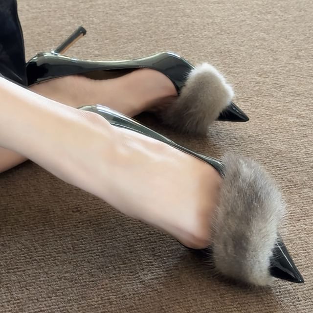 Toe Patent Faux Fur Panel Pointed Leather Pumps Stiletto