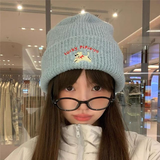 Embroidered Beanie Dog Knit