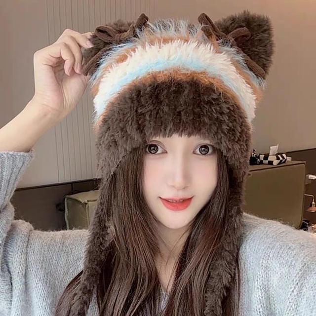 Cat Knit Beanie Fluffy Bow Ear