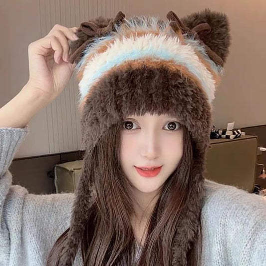 Cat Knit Beanie Fluffy Bow Ear