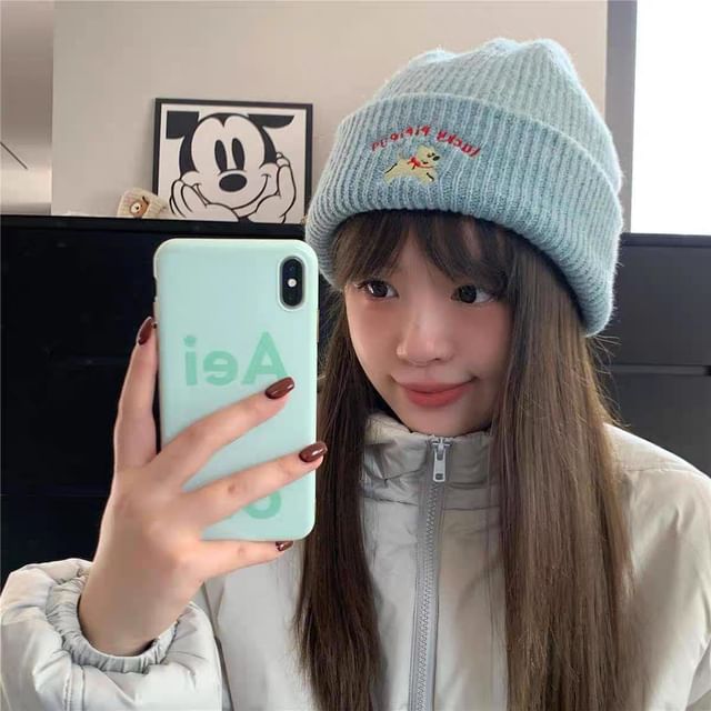 Embroidered Beanie Dog Knit