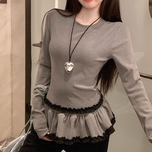 Plain Top Ruffle Long-Sleeve Crewneck