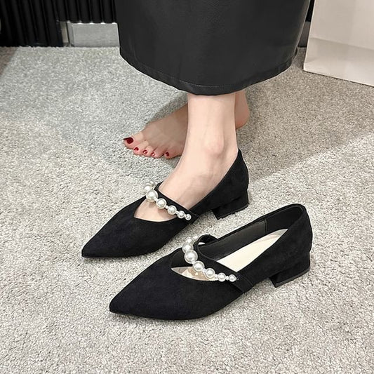 Low Faux Peral Mary Shoes Strap Jane Heel Pointy