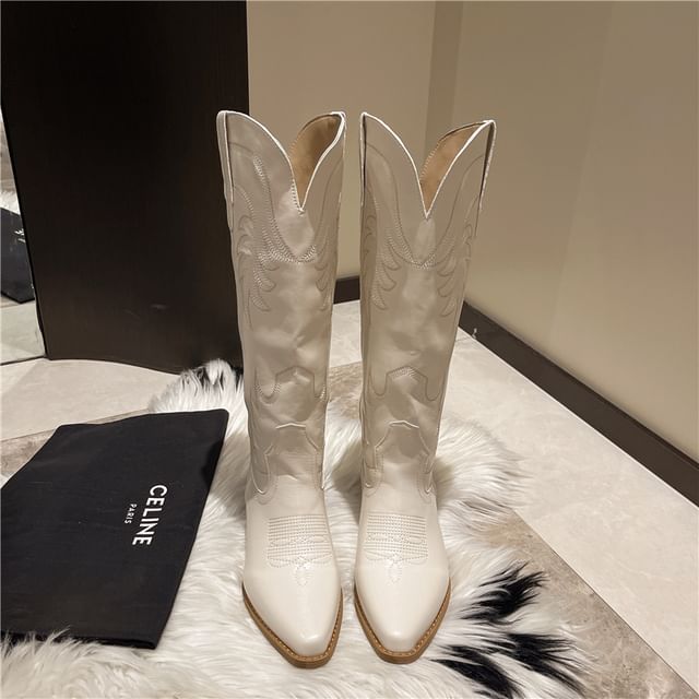 Faux Boots Leather Heel Cowboy Chunky