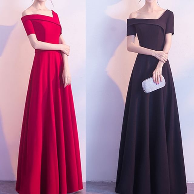 Short-Sleeve Asymmetrical Plain A-Line Evening Gown