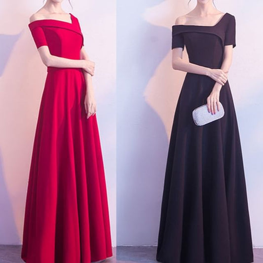 Short-Sleeve Asymmetrical Plain A-Line Evening Gown