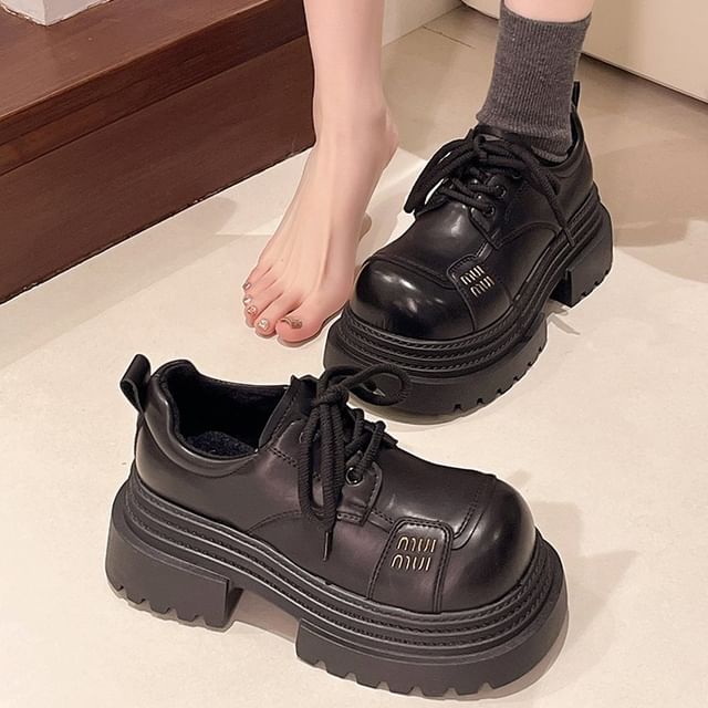 Faux Shoes Leather Plain Platform Lace-Up