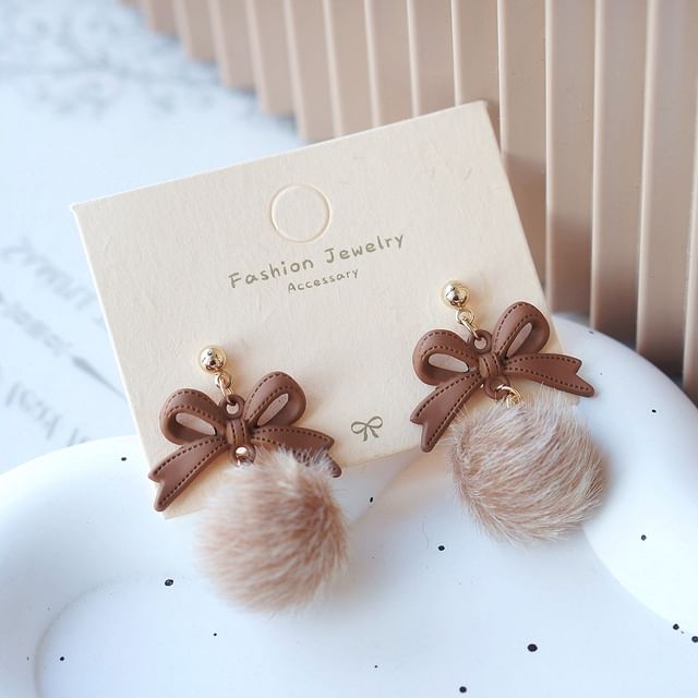 On Clip Bow Drop Pom / Earring
