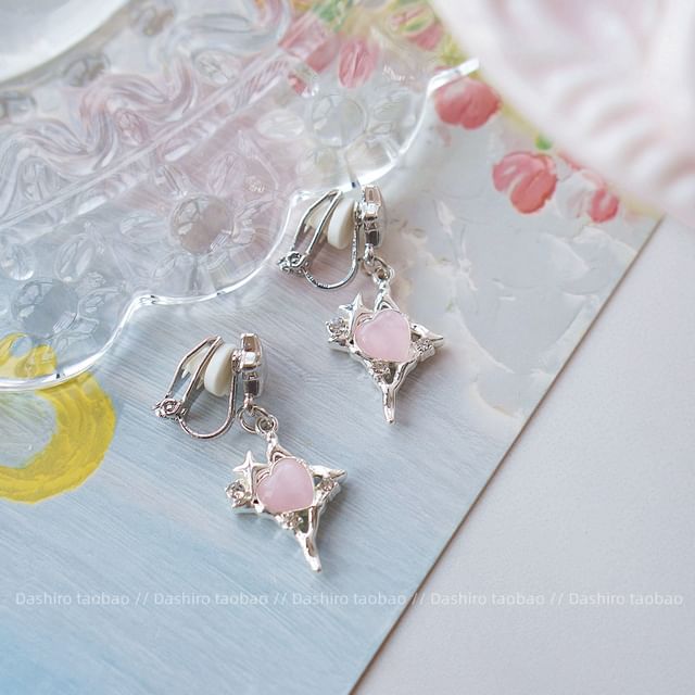 Rhinestone Heart / Star Drop Clip On Earring