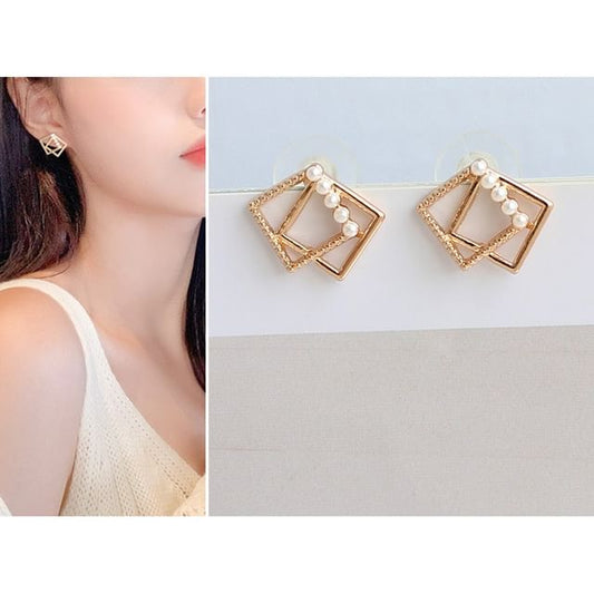 Earring Pearl Stud Faux Square