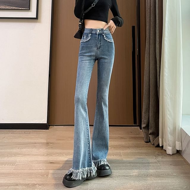 High (Various Hem Pants Designs) Waist Fringed Flared