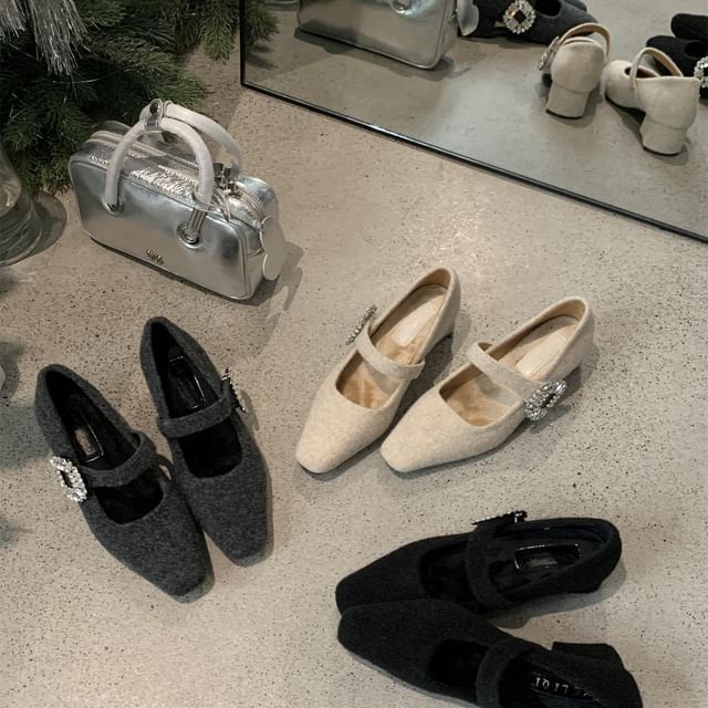 Jane Heel Toe Rhinestone Buckled Block Square Mary Pumps