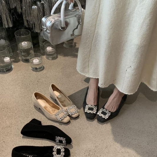 Toe Block Pumps Square Buckle Rhinestone Heel