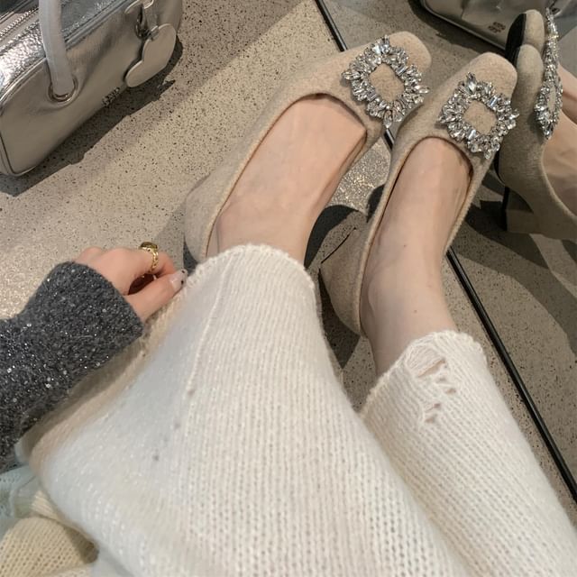 Toe Block Pumps Square Buckle Rhinestone Heel