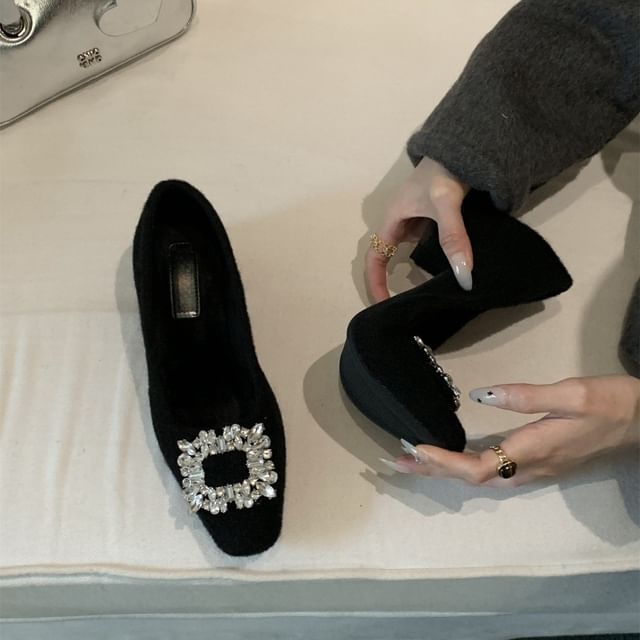 Toe Block Pumps Square Buckle Rhinestone Heel