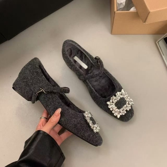 Heel Jane Square Buckled Toe Block Rhinestone Mary Pumps