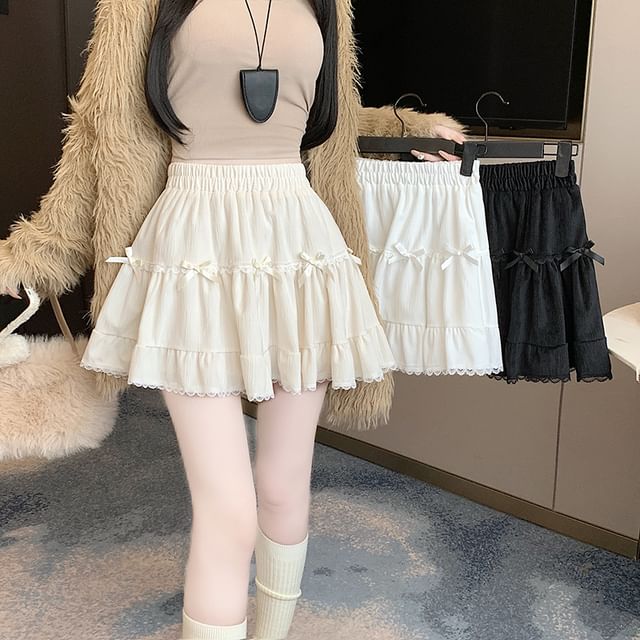 Accent High Plain Bow Trim Velvet Skirt Lace Waist A-Line Mini