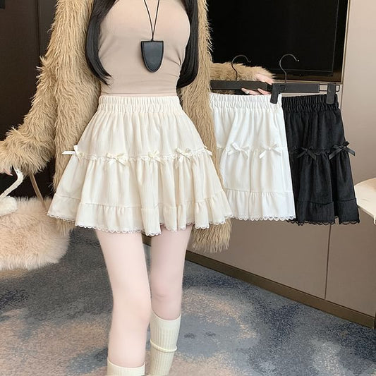 Accent High Plain Bow Trim Velvet Skirt Lace Waist A-Line Mini