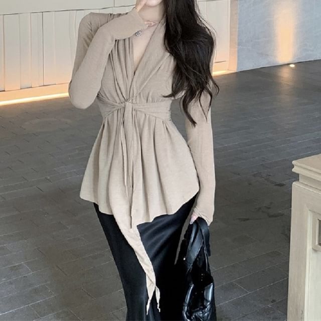 Shawl Tie Cardigan Plain Waist Collar