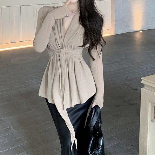 Shawl Tie Cardigan Plain Waist Collar