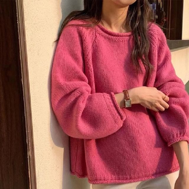 Neck Plain Crew Sweater