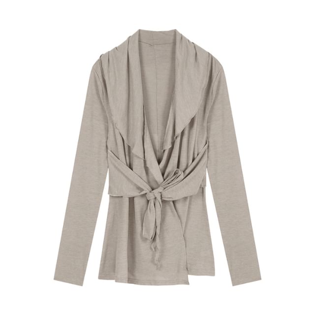 Shawl Tie Cardigan Plain Waist Collar