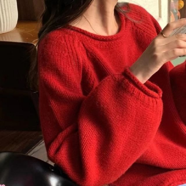 Neck Plain Crew Sweater