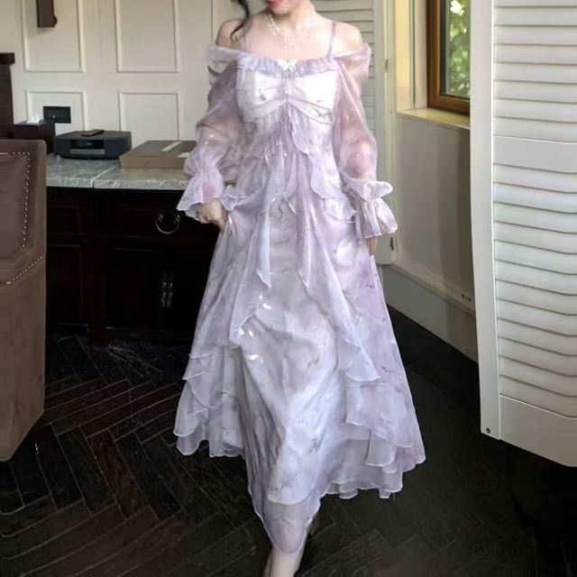 Dye Cold Tie Ruffle Maxi Dress Butterfly A-Line Accent Long-Sleeve Shoulder Trim