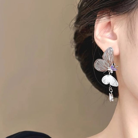 On Earring Butterfly / Drop Rhinestone Clip