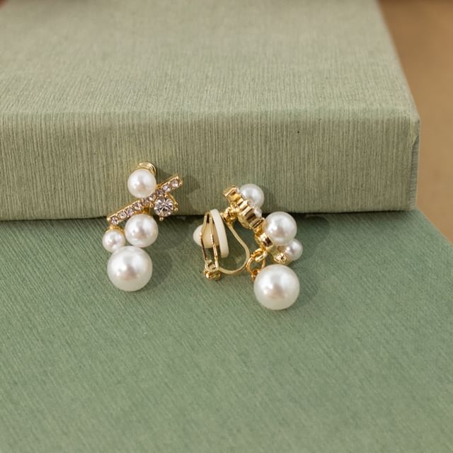 / Rhinestone Pearl Faux On Clip Earring Drop