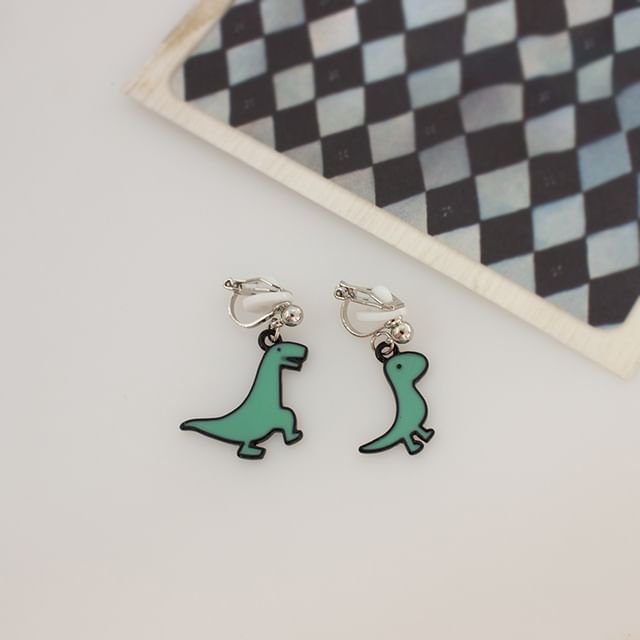 On Cartoon Clip Dinosaur Asymmetrical Drop Earring