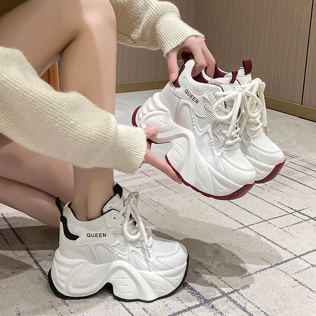 Panel Sneakers Lace-Up Hidden Mesh Wedge Faux Leather