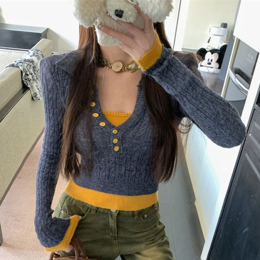 Cable-Knit Sweater Two-Piece Mock Collar Tone Two Cropped