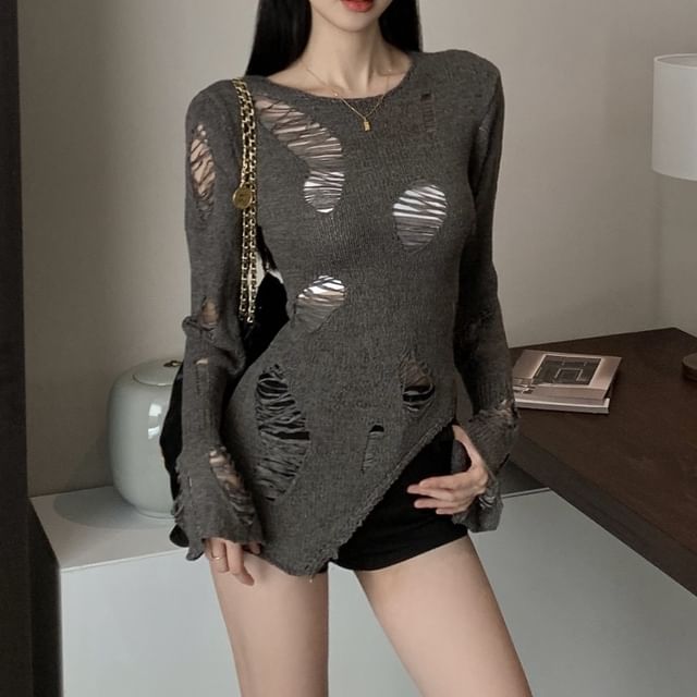 Top Plain Long Knit Sleeve Neck Crew Distressed
