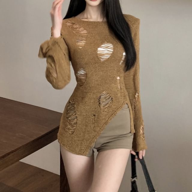 Top Plain Long Knit Sleeve Neck Crew Distressed