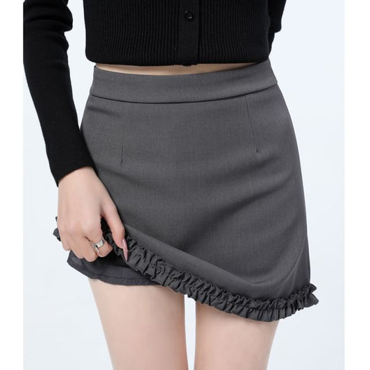 Ruffle Trim Mini Plain High Pencil Waist Skirt