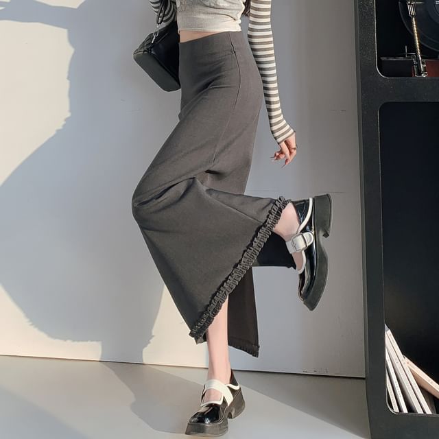 Slit Trim High Skirt A-Line Midi Plain Waist Ruffle
