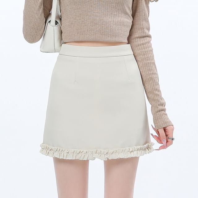 Ruffle Trim Mini Plain High Pencil Waist Skirt