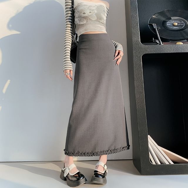 Slit Trim High Skirt A-Line Midi Plain Waist Ruffle