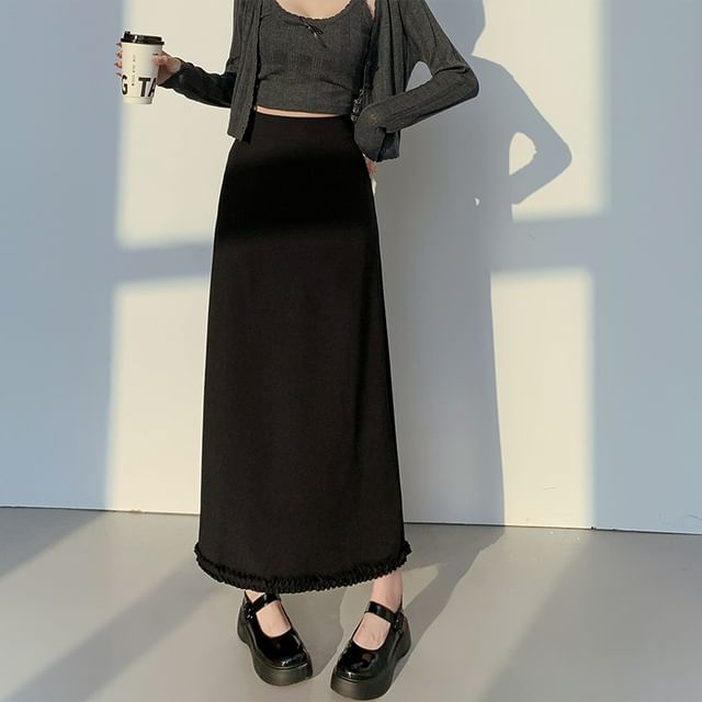 Slit Trim High Skirt A-Line Midi Plain Waist Ruffle