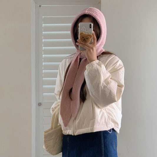 Lace-Up Knit Plain Applique Balaclava Ribbed