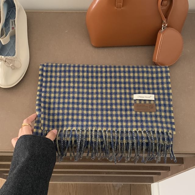 Fringed Trim Plaid Applique Scarf