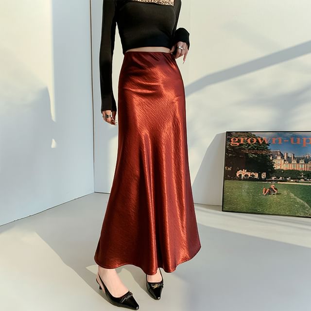 High Plain Skirt Waist A-Line Midi Satin